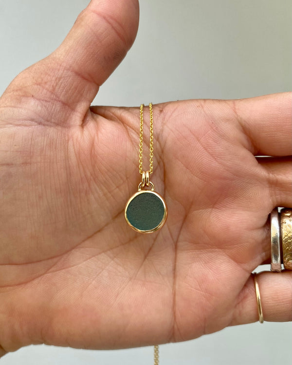 Dark Teal Green Sea Glass Necklace in Gold