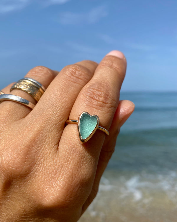 Aqua Blue Sea Glass Heart Ring in Gold, Size 7