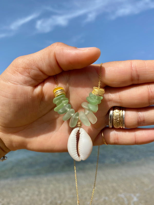 Cowrie Shell & Sea Glass Necklace in Gold