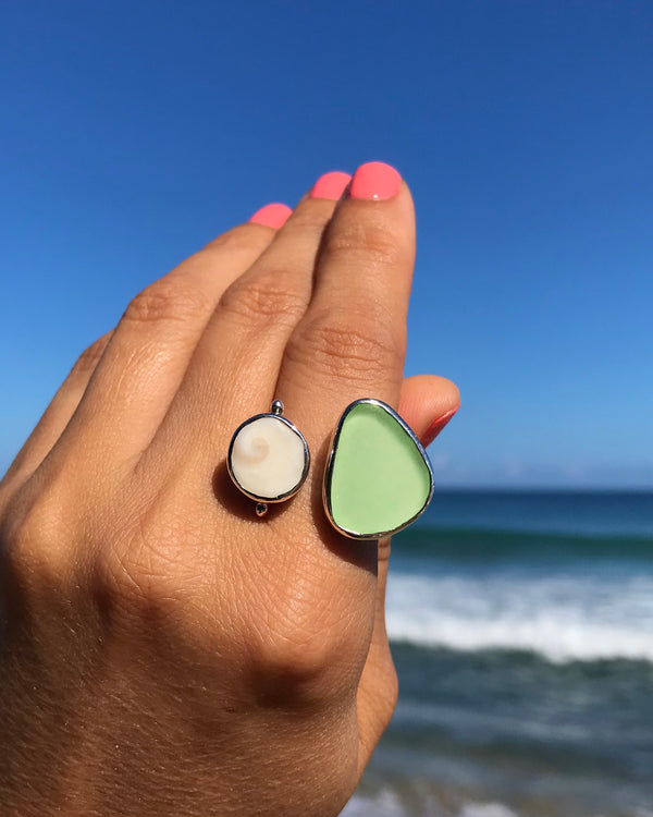 light green sea glass + shiva shell ring in silver, size 6.5