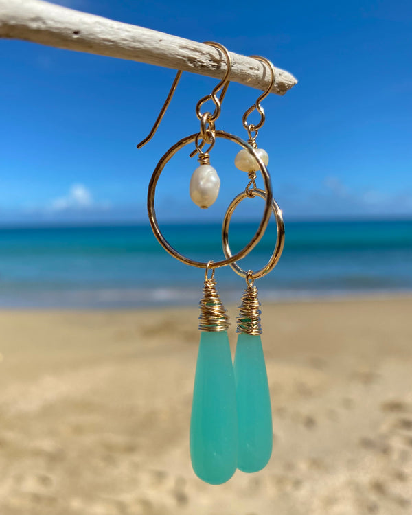 blue chalcedony + pearl earrings on mismatched gold hoops