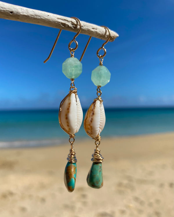 cowrie shell & gemstone drop earrings