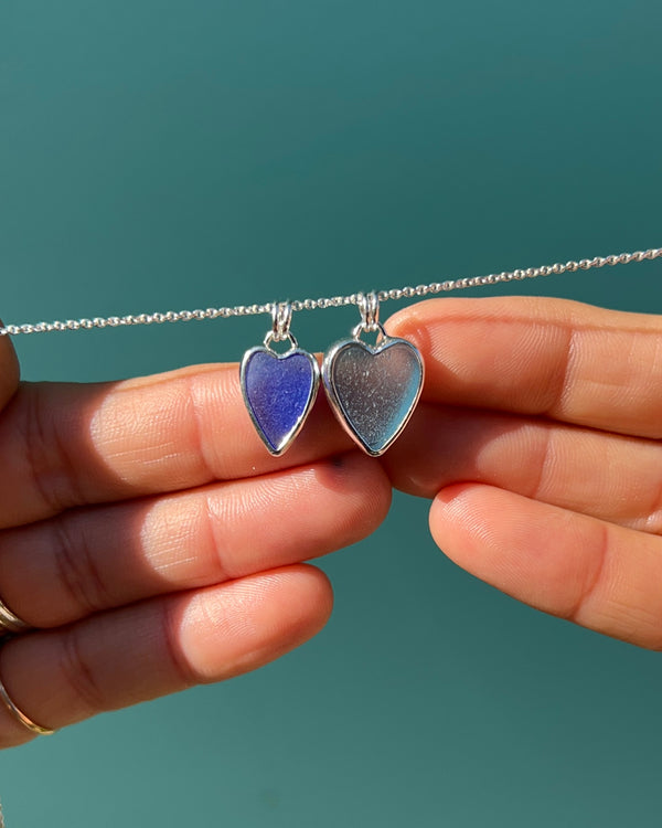 Blue Sea Glass Heart Pendants in Silver