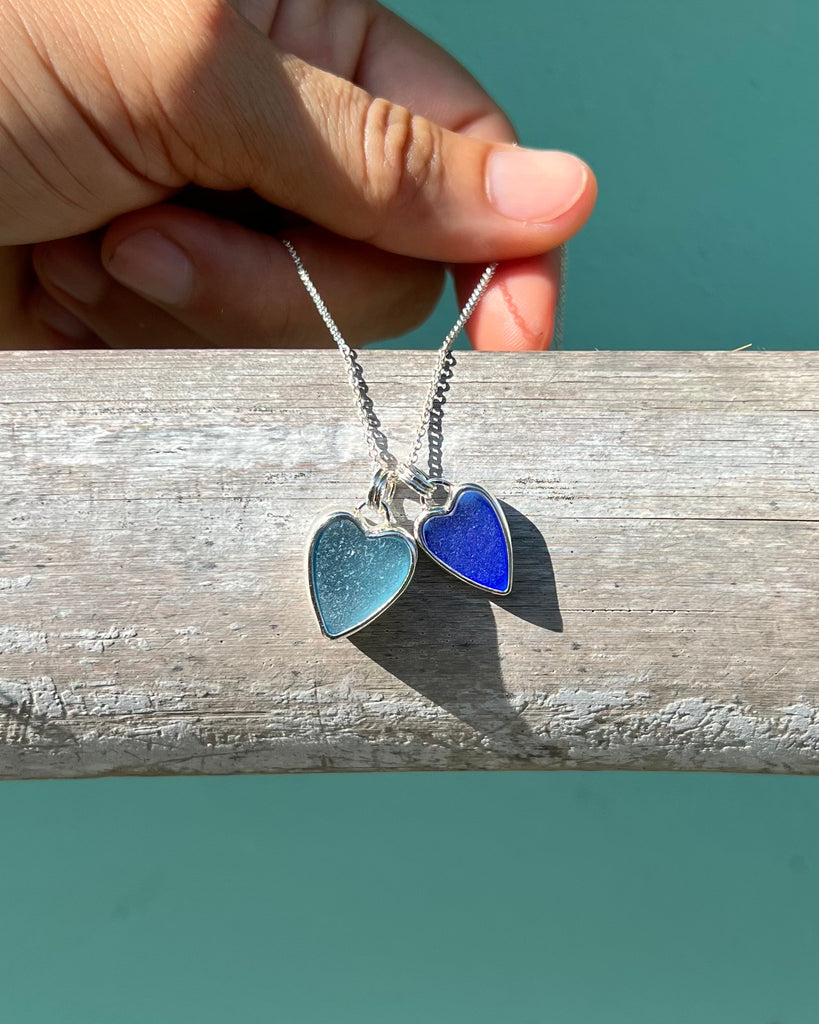 Blue Sea Glass Heart Pendants in Silver