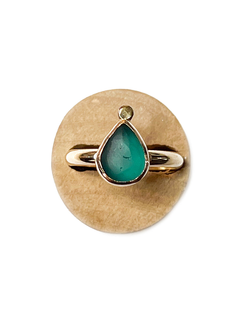 semi polished teal green sea glass ring in 14k gold filled, size 6.75