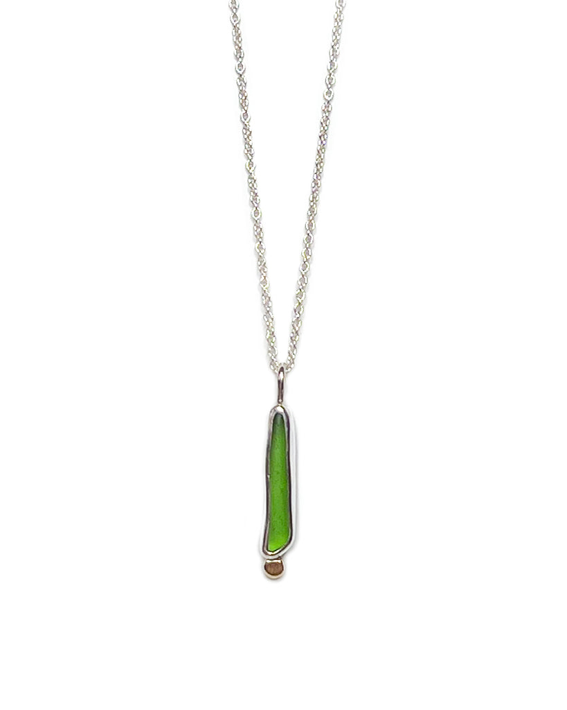 long green sea glass pendant in silver + 14k gold