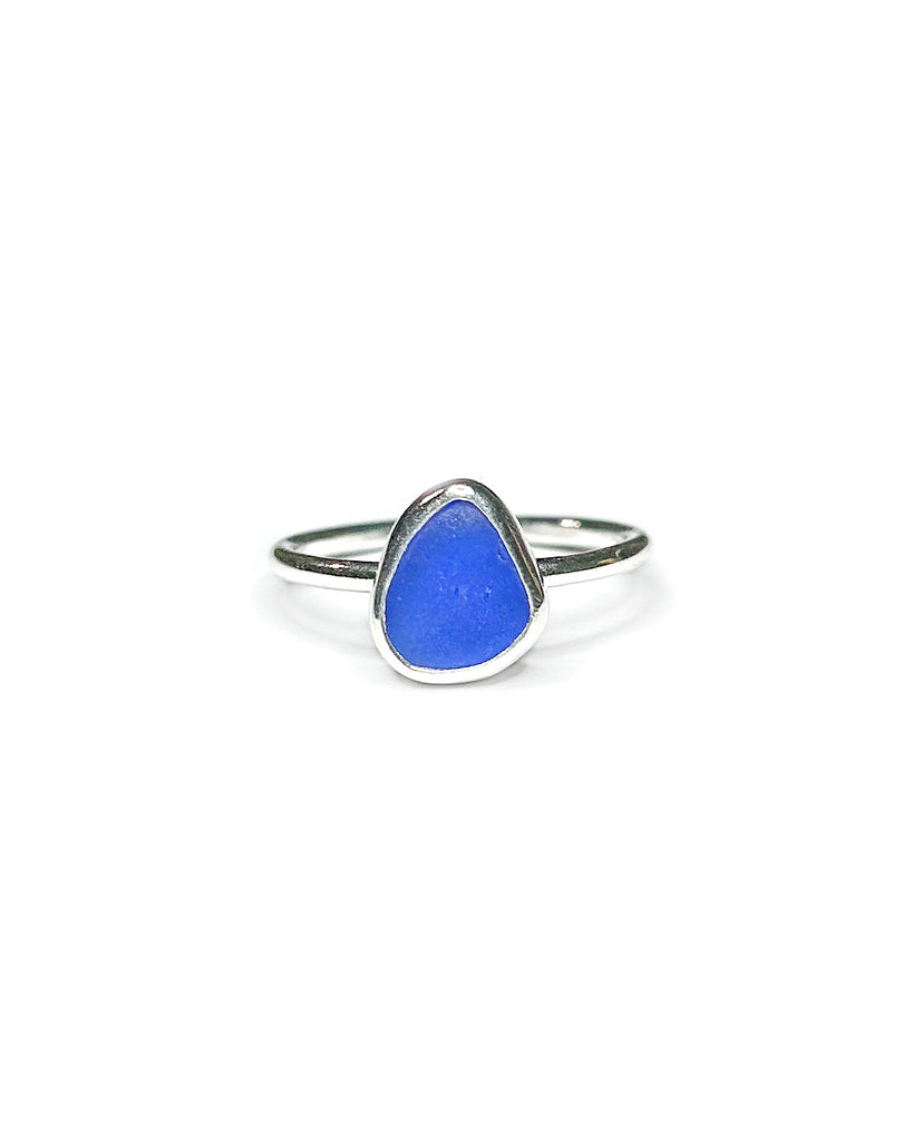 cobalt blue sea glass stacking ring in silver