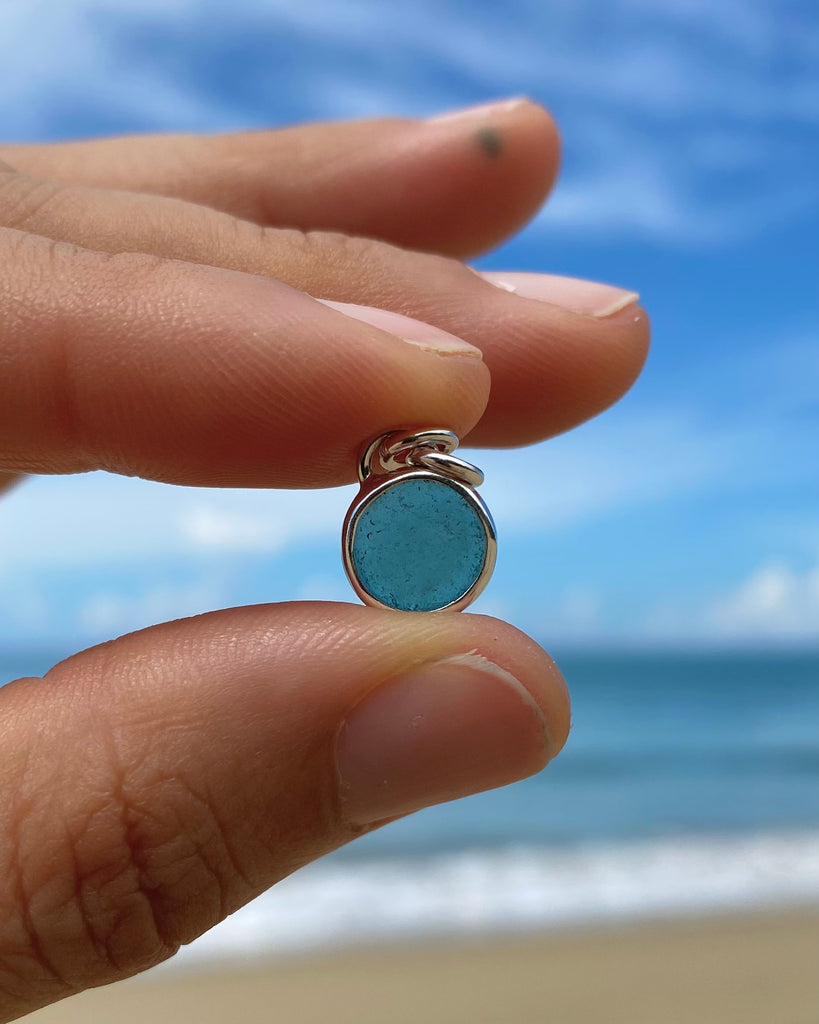 mini teal green sea glass moon in silver