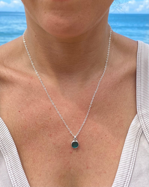 mini teal green sea glass moon in silver