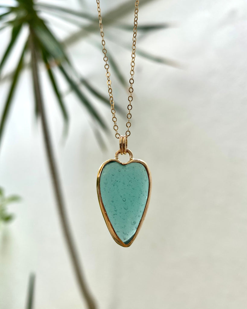 Polished Teal Green Sea Glass Heart In Gold