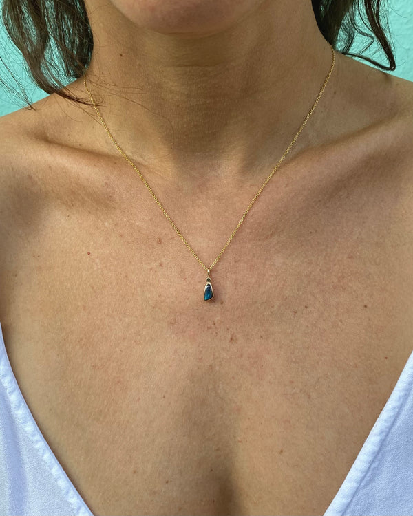 teeny blue boulder opal pendant in 14k solid gold