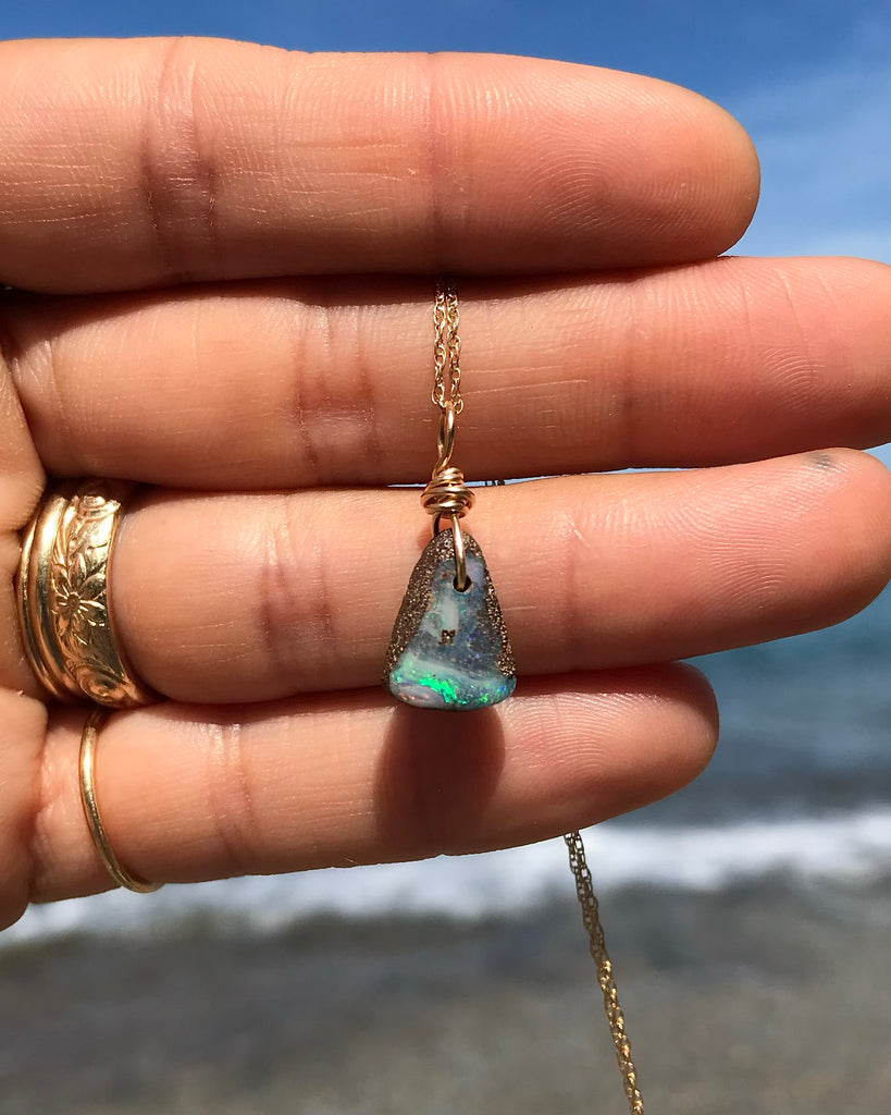 triangle boulder opal with green flash + 10k gold