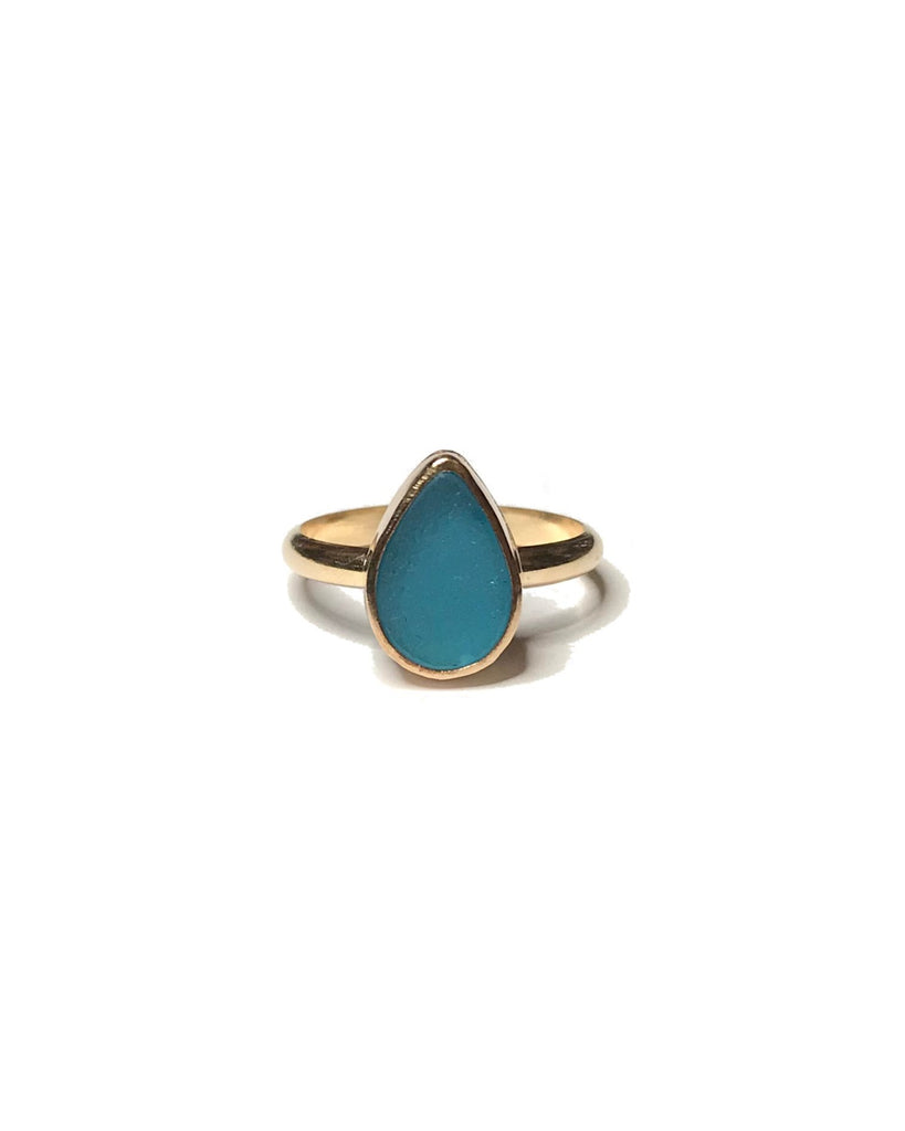 turquoise blue sea glass tear drop + 14k gold filled ring, size 8